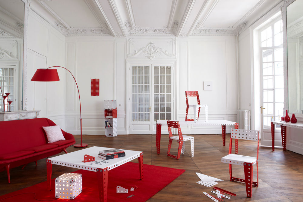 Meccano home meubles salon blanc et rouge